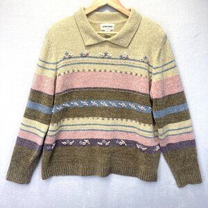 Alfred Dunner Pastel Striped Chenille Sweater Womens Large Collared Floral Knit